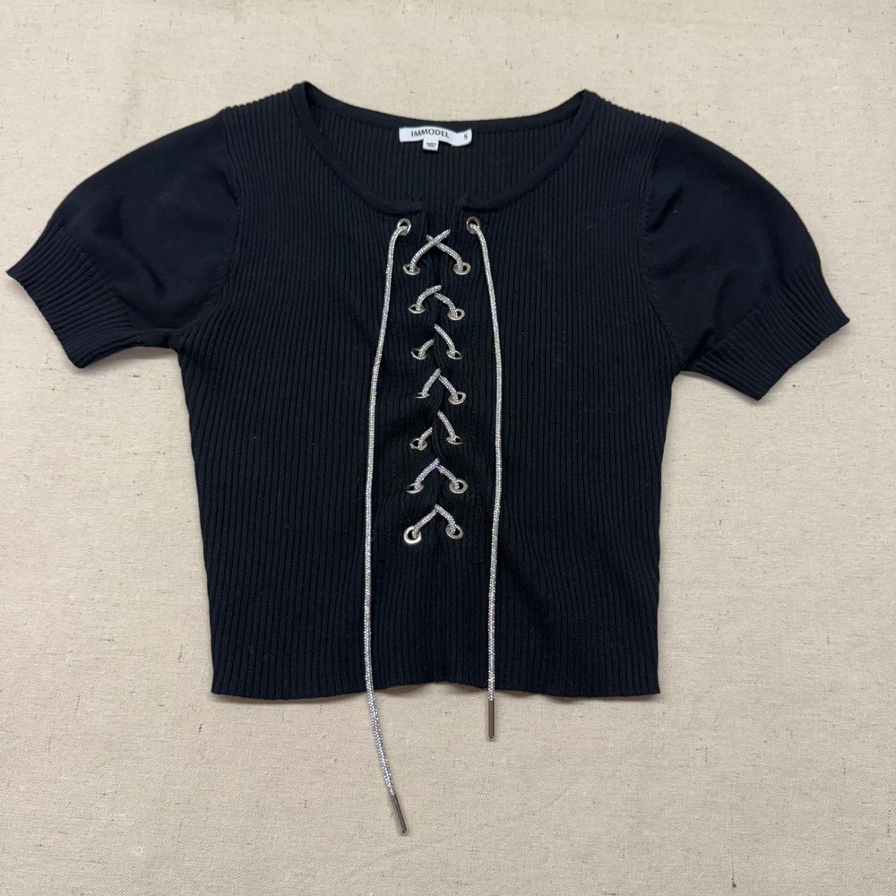 IMMODEL Womens Black Ribbed Lace Up Rhinestone Crop Top Short Sleeve SW-474 S